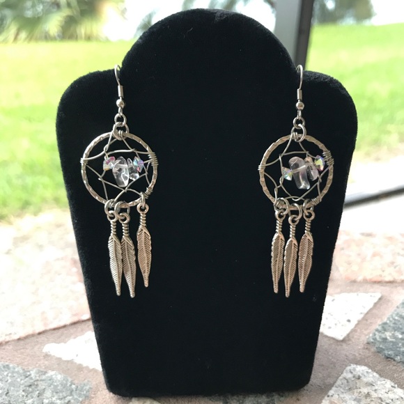 Silverskylight Jewelry - Genuine crystal quartz boho dream catcher earrings